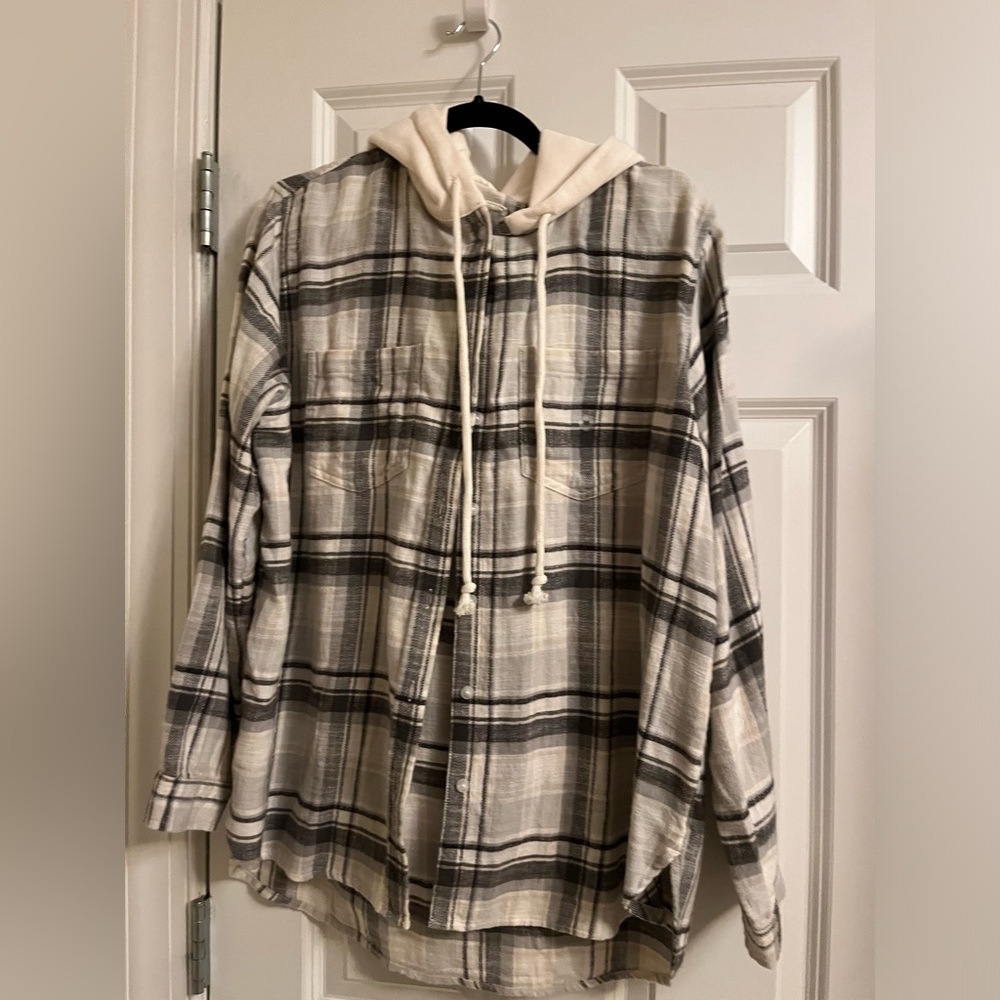 White and grey flannel with hoodie